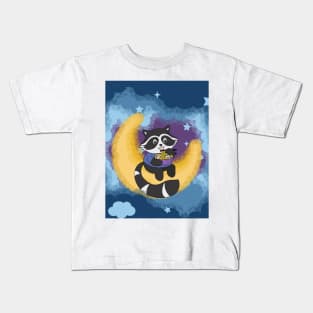 Raccoon eating noodle on the Moon illustration Kids T-Shirt